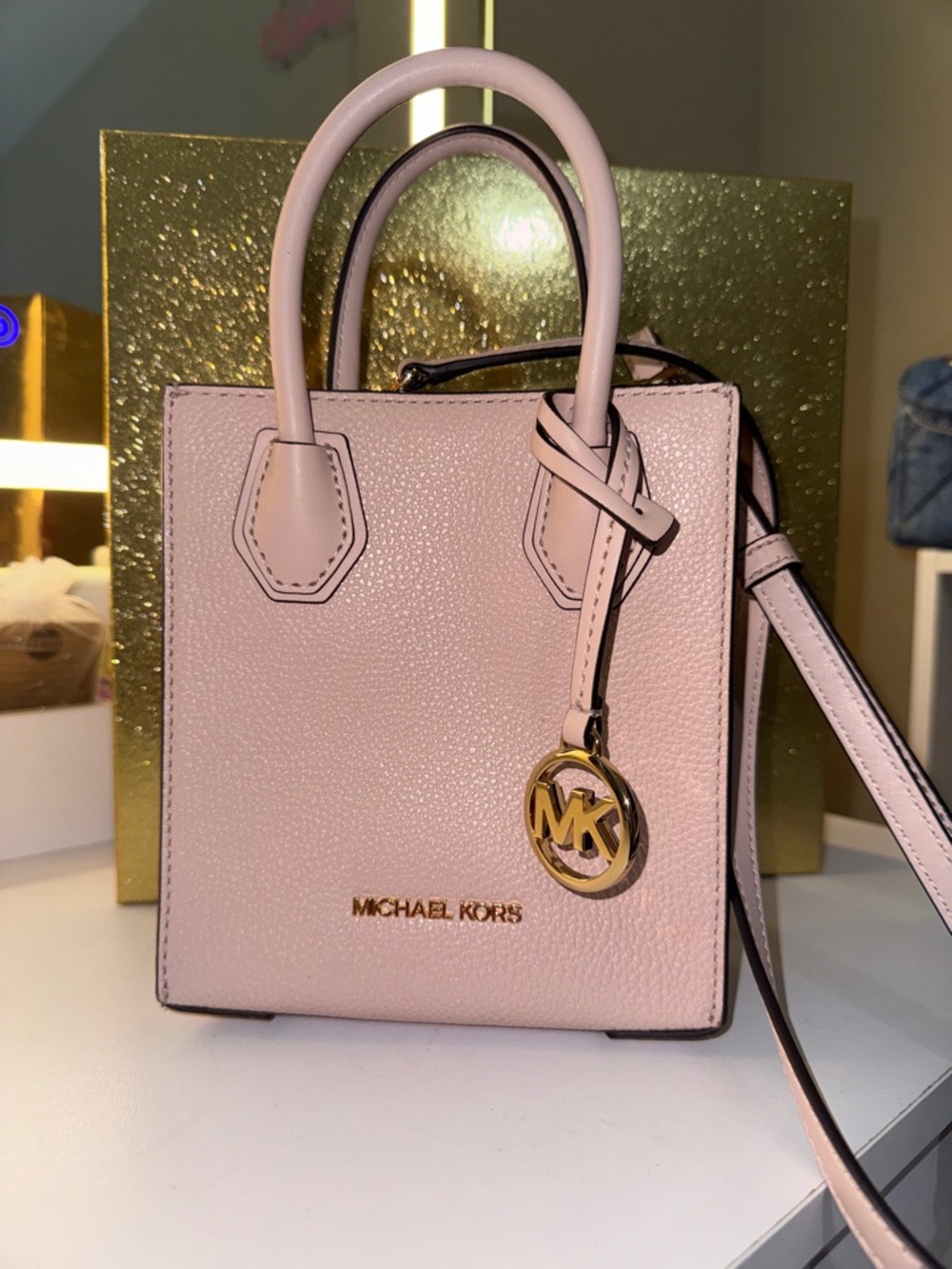 Michael Kors Blush Pink Pebbled Leather Mini Tote with Gold MK Charm